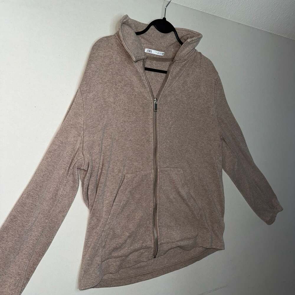Zara Men's Full-Zip Knit Hoodie Sweatshirt Taupe Size L